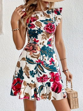 Floral Print Ruffle Trim Dress, Elegant Crew Neck Aline Swing Dress For Spring & Summer, Women's Clothing