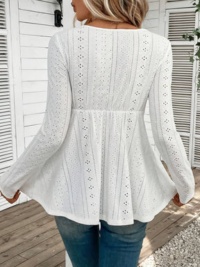 Eyelet Embroidered V Neck T-Shirt, Elegant Long Sleeve T-Shirt For Spring & Summer, Women's Clothing