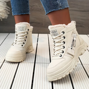 Women's Plush Lined Ankle Boots, Trendy Thermal Platform High Top Snow Boots, Winter Warm Lace Up Short Boots