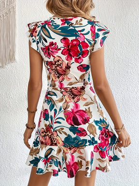 Floral Print Ruffle Trim Dress, Elegant Crew Neck Aline Swing Dress For Spring & Summer, Women's Clothing