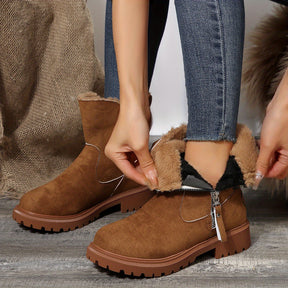 Ladies' Fashionable Short Boots with Fluffy Lining, Winter Thick-Soled, Zip Closure, and TPR Sole