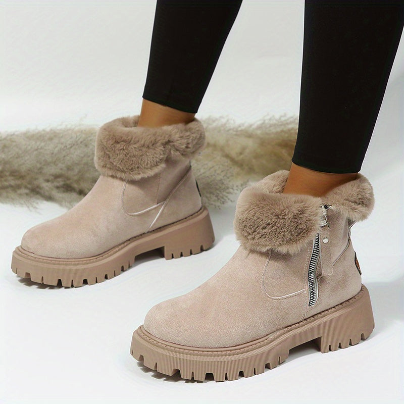 Ladies' Fashionable Short Boots with Fluffy Lining, Winter Thick-Soled, Zip Closure, and TPR Sole