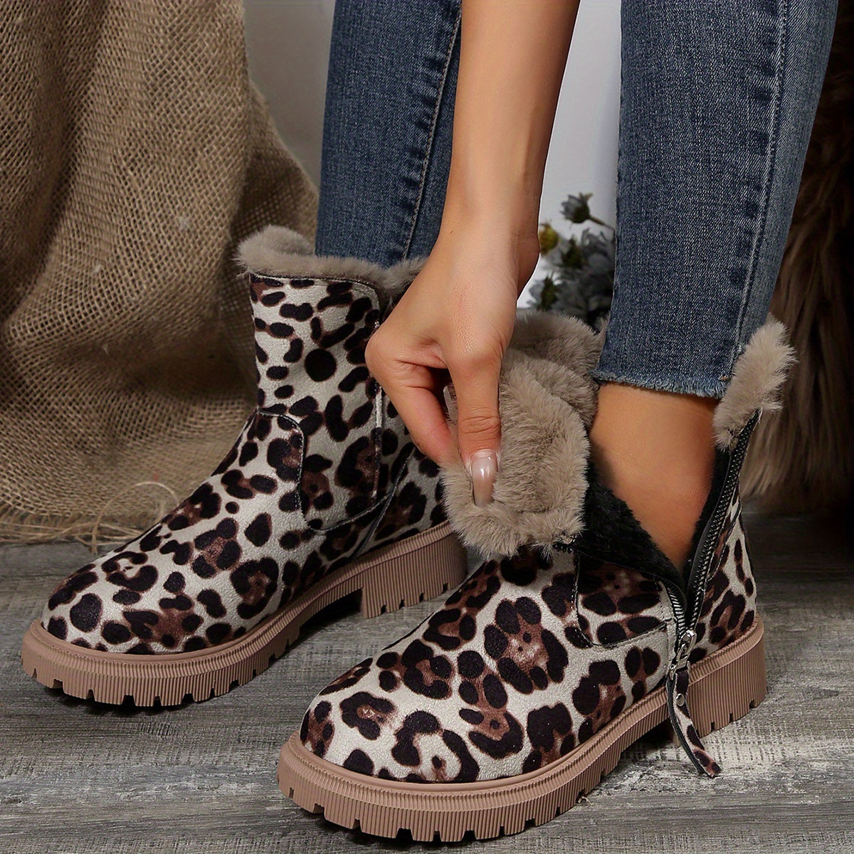 Ladies' Fashionable Short Boots with Fluffy Lining, Winter Thick-Soled, Zip Closure, and TPR Sole