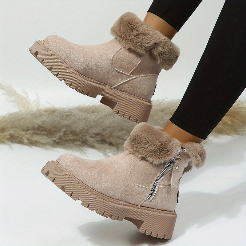 Ladies' Fashionable Short Boots with Fluffy Lining, Winter Thick-Soled, Zip Closure, and TPR Sole