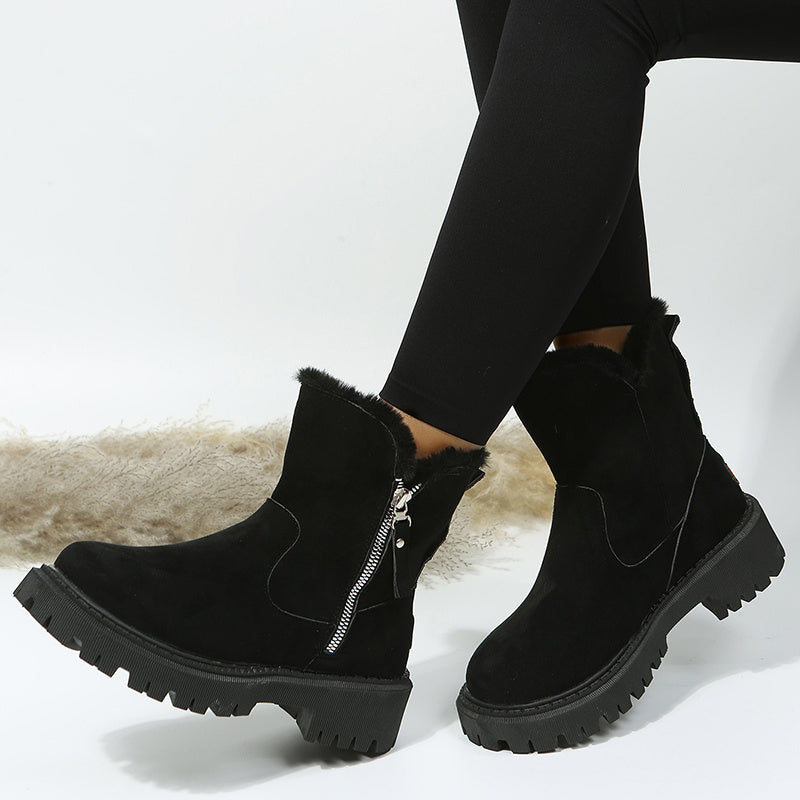 Ladies' Fashionable Short Boots with Fluffy Lining, Winter Thick-Soled, Zip Closure, and TPR Sole