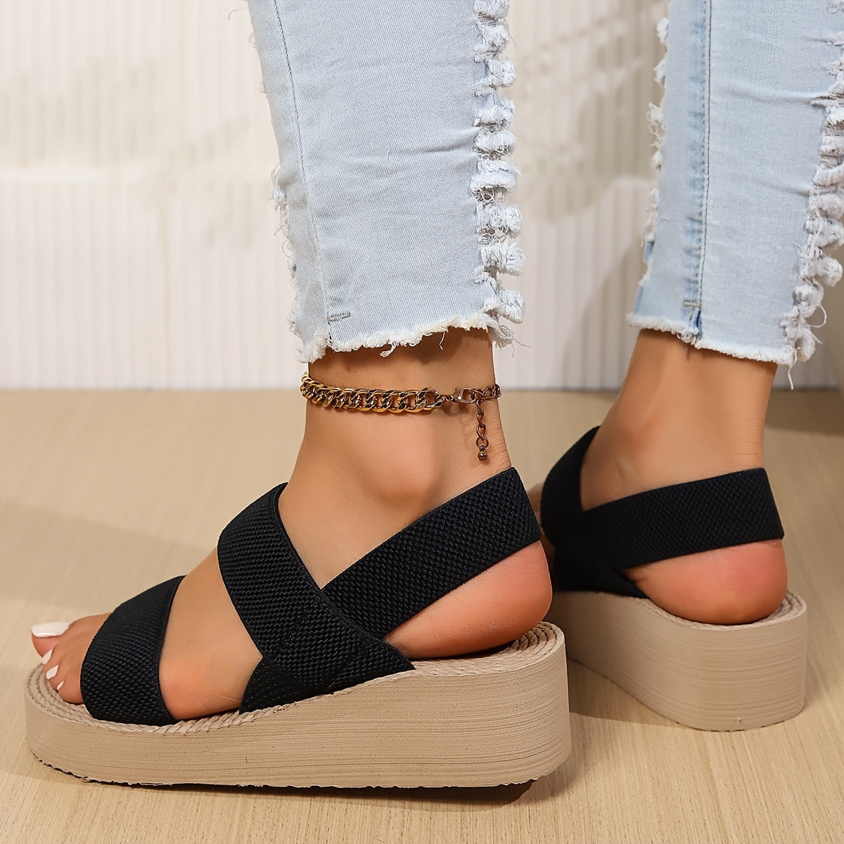 Women's Fashion Platform Wedge Sandals - Elastic Ankle Strap Slip-On Open Toe Casual Shoes for Outdoor Beach - Solid Color All-Season Fabric Upper with EVA Sole & Insole - Jieyang Production Area