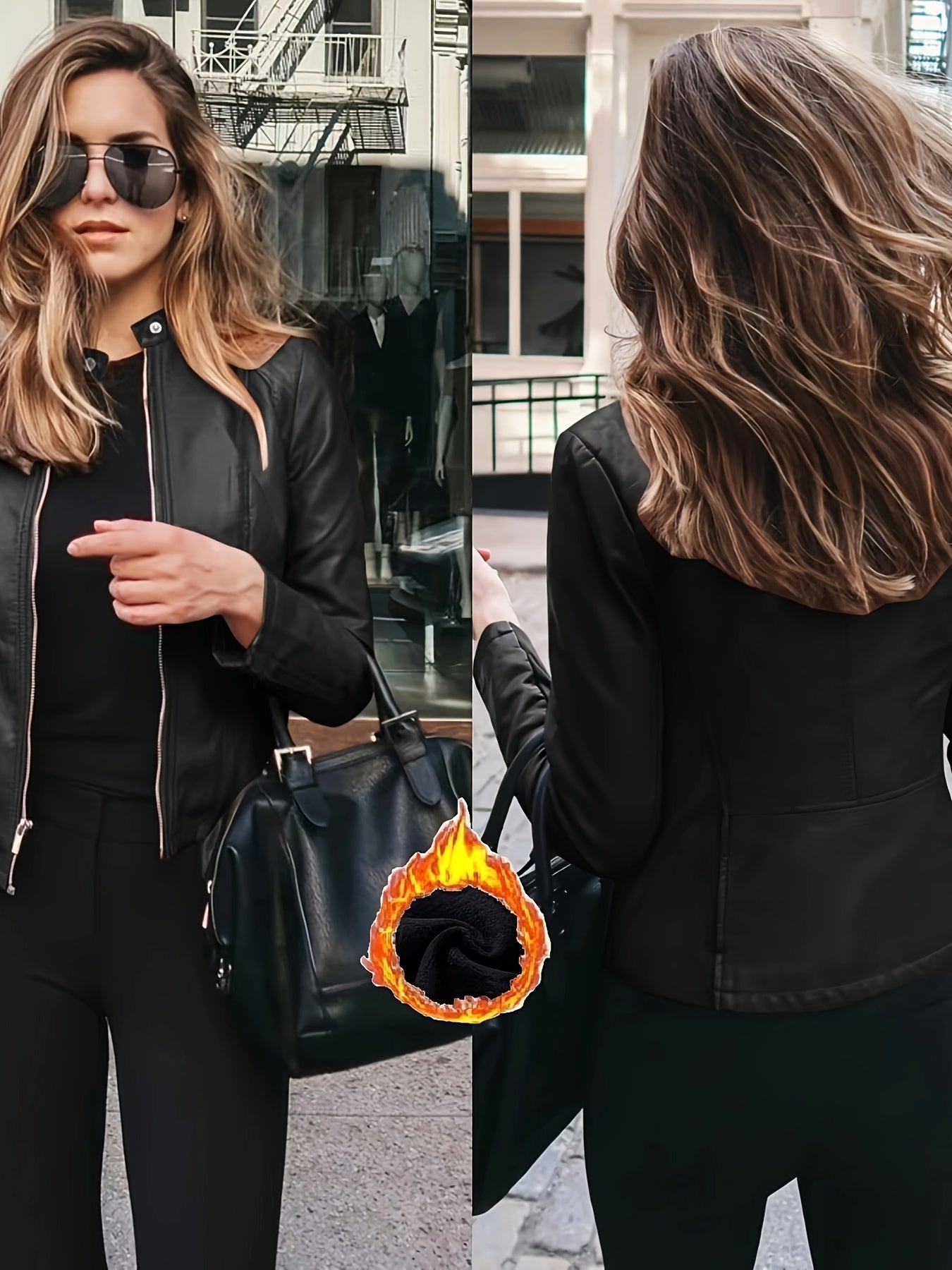 Women's Street Style Plush-Lined Stretchy Plain Black Color Coated Denim Jacket With Zipper Closure And Side Pockets For Fall & Winter