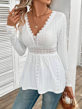 Eyelet Embroidered V Neck T-Shirt, Elegant Long Sleeve T-Shirt For Spring & Summer, Women's Clothing