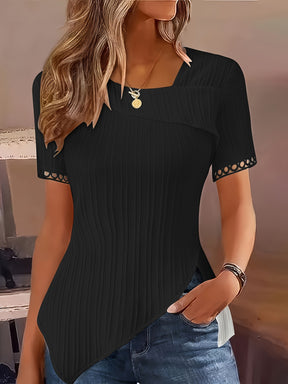 Lace Trim Asymmetrical Blouse, Elegant Short Sleeve Top For Spring & Summer, Women's Clothing