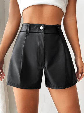 PU Leather Ruched Shorts, Casual High Waist Shorts For Spring & Summer, Women's Clothing