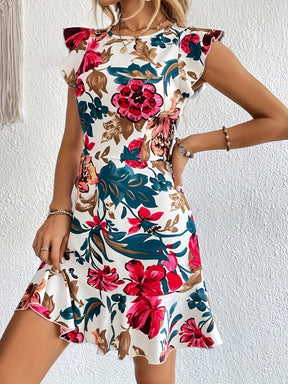 Floral Print Ruffle Trim Dress, Elegant Crew Neck Aline Swing Dress For Spring & Summer, Women's Clothing