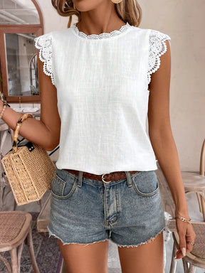 Lace Splicing Crew Neck Blouse, Elegant Cap Sleeve Blouse For Spring & Summer, Women's Clothing