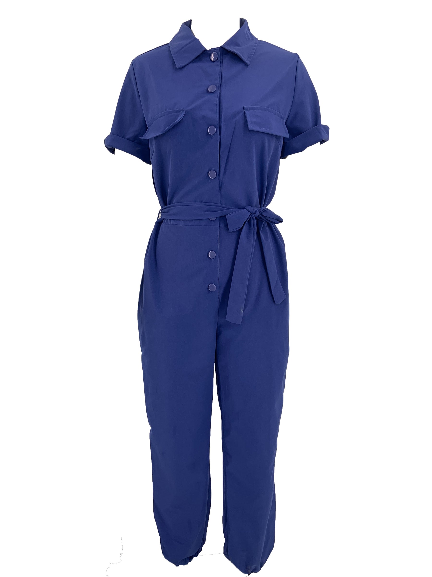 Y2K Solid Lapel Button Down Short Sleeve Tie Waist Cargo Jumpsuit, Casual Long Length Pockets Rompers Overalls, Women's Clothing