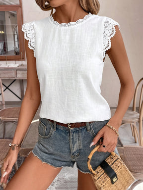 Lace Splicing Crew Neck Blouse, Elegant Cap Sleeve Blouse For Spring & Summer, Women's Clothing