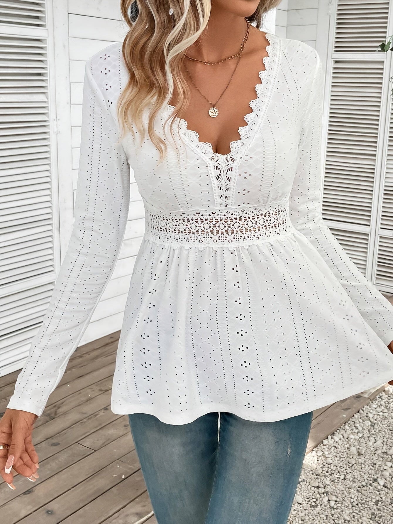 Eyelet Embroidered V Neck T-Shirt, Elegant Long Sleeve T-Shirt For Spring & Summer, Women's Clothing