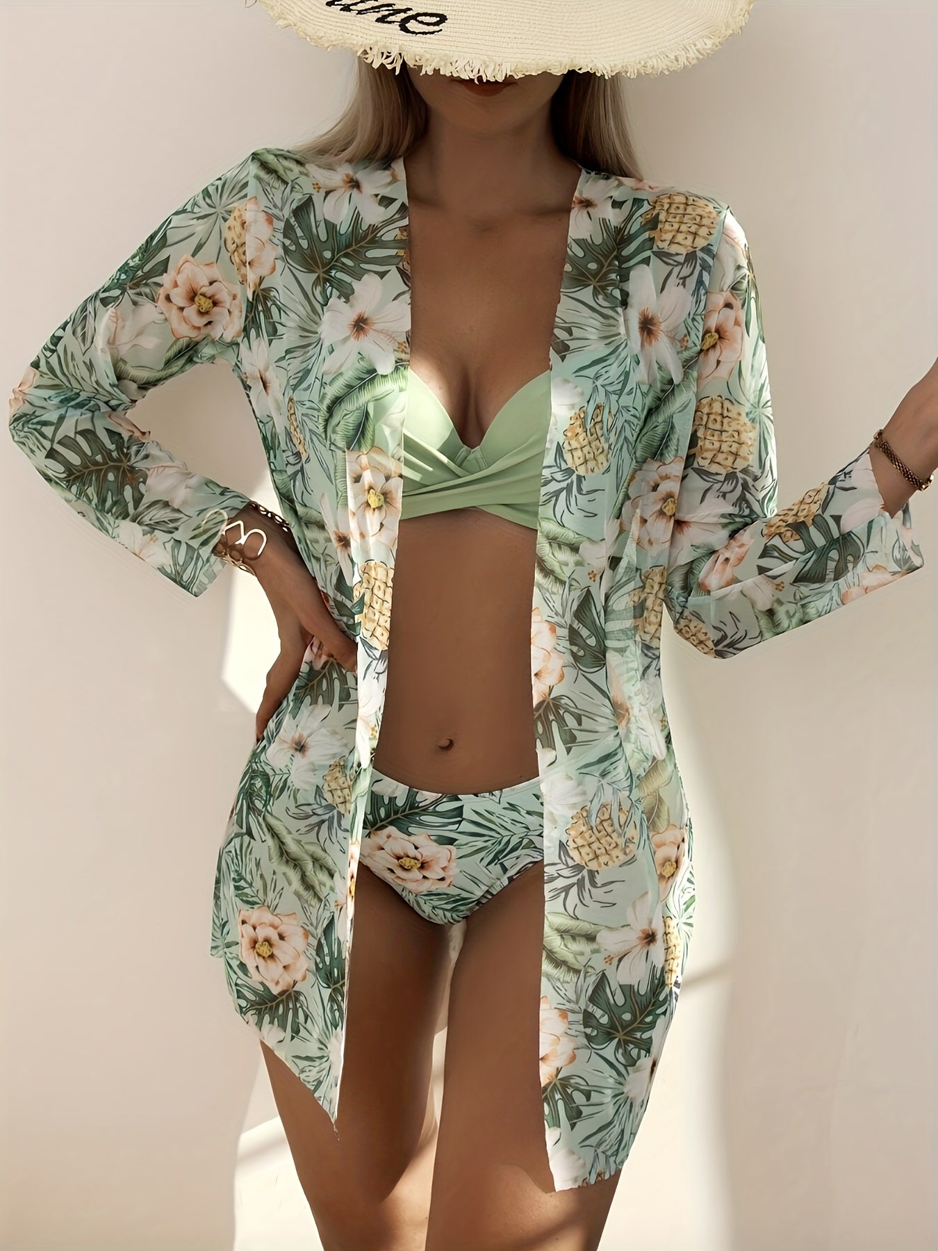 Tropical Print 3 Piece Set Bikini, V Neck Ruched High Cut With Long Sleeves Cover Up Shirt Swimsuits, Women's Swimwear & Clothing For Holiday