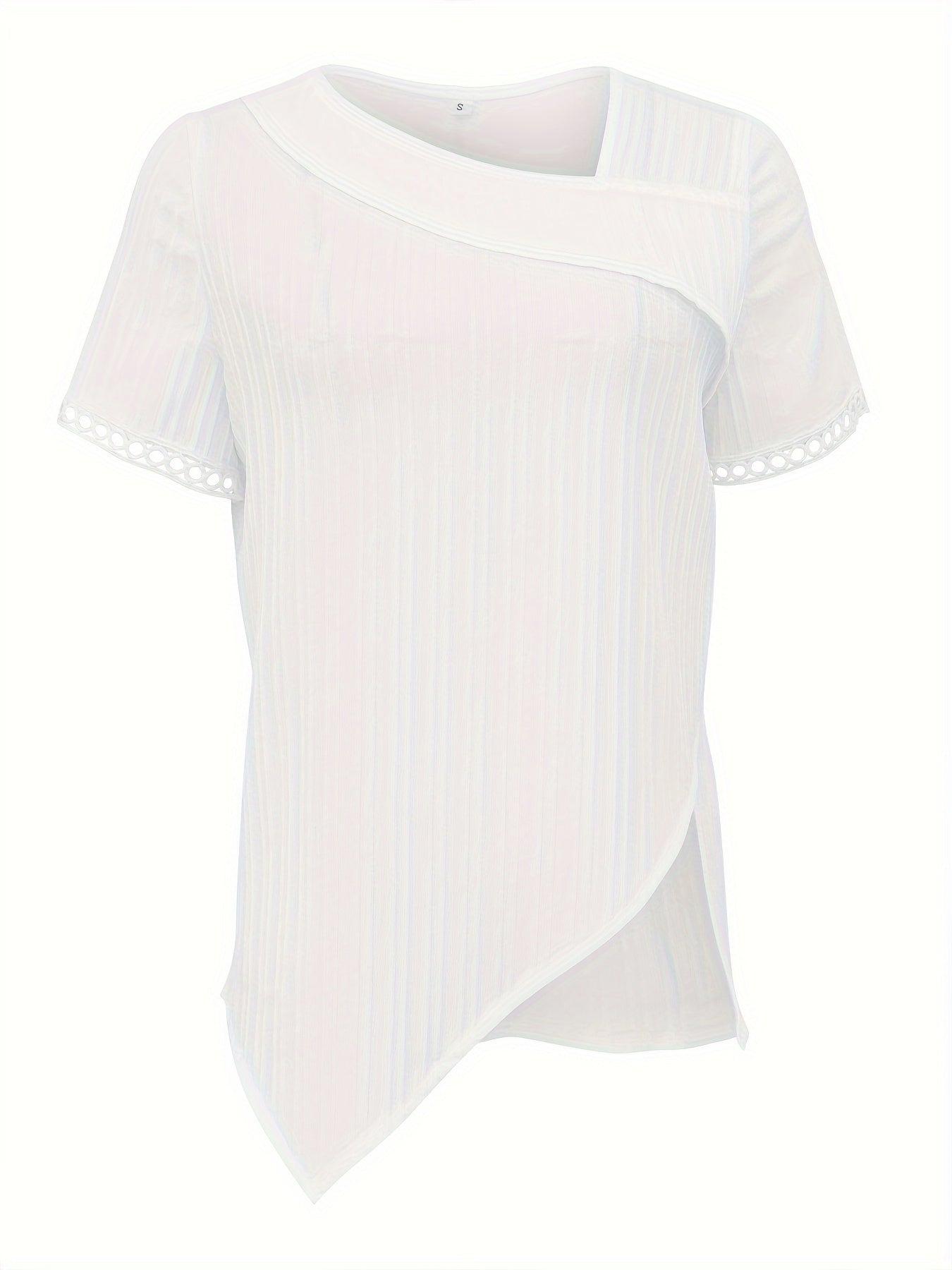 Lace Trim Asymmetrical Blouse, Elegant Short Sleeve Top For Spring & Summer, Women's Clothing