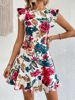 Floral Print Ruffle Trim Dress, Elegant Crew Neck Aline Swing Dress For Spring & Summer, Women's Clothing