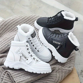 Women's Plush Lined Ankle Boots, Trendy Thermal Platform High Top Snow Boots, Winter Warm Lace Up Short Boots