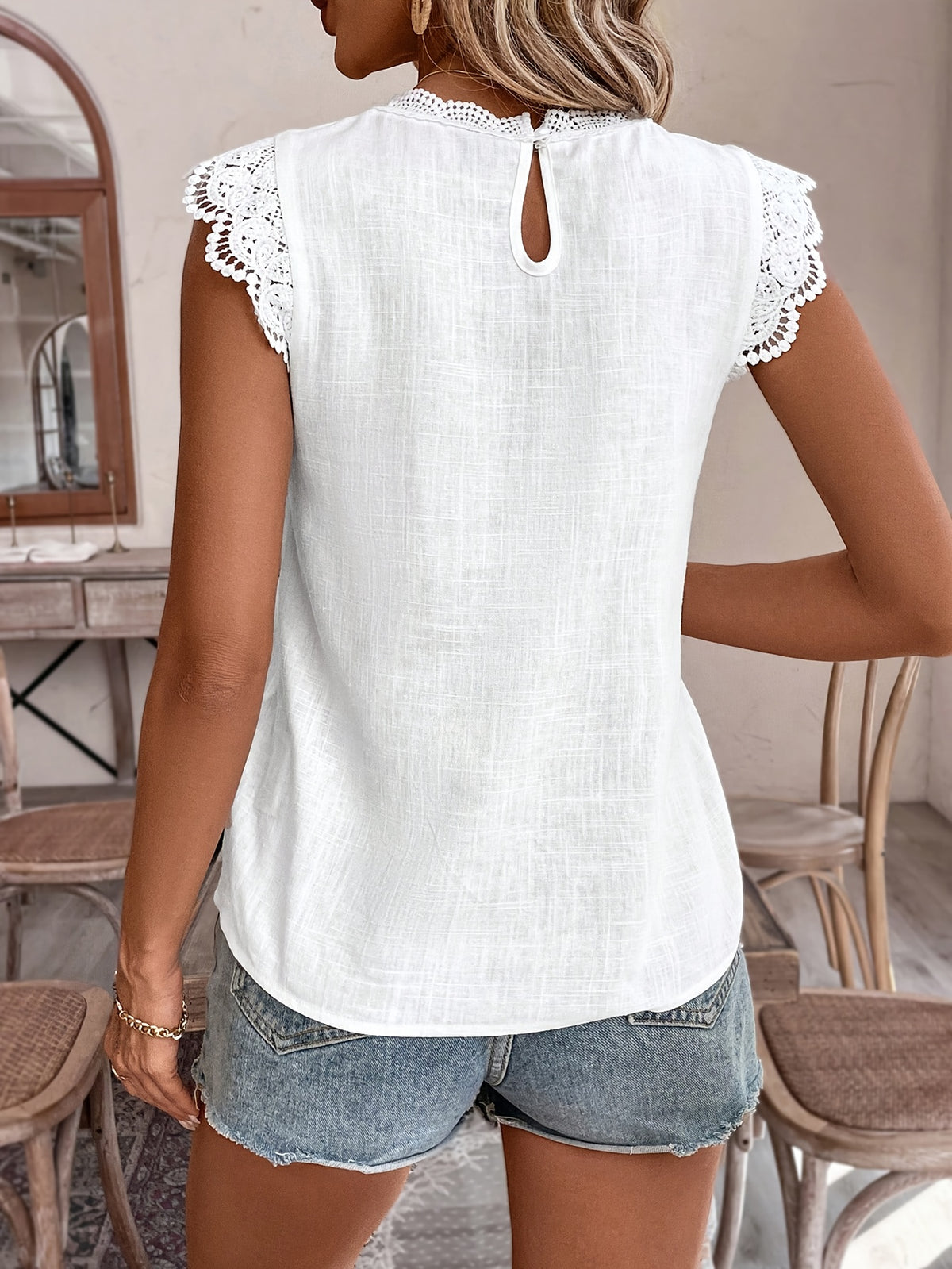 Lace Splicing Crew Neck Blouse, Elegant Cap Sleeve Blouse For Spring & Summer, Women's Clothing