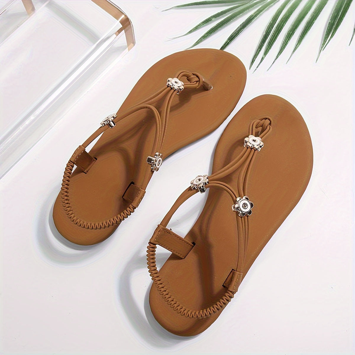 Women's Flower Decor Flat Sandals, Fashion Clip Toe Summer Shoes, Lightweight Ankle Strap Sandals