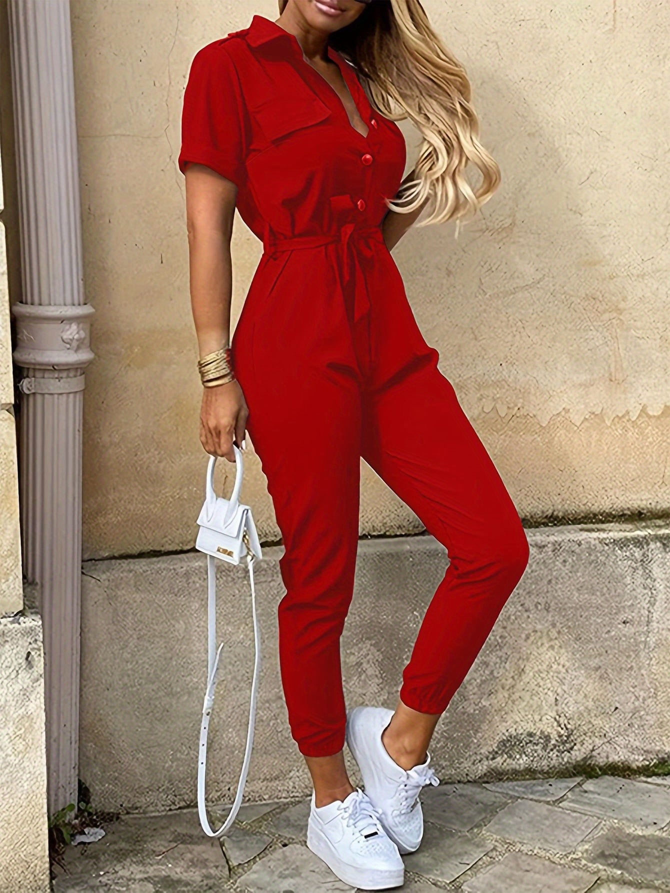 Y2K Solid Lapel Button Down Short Sleeve Tie Waist Cargo Jumpsuit, Casual Long Length Pockets Rompers Overalls, Women's Clothing