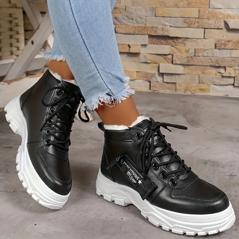 Women's Plush Lined Ankle Boots, Trendy Thermal Platform High Top Snow Boots, Winter Warm Lace Up Short Boots