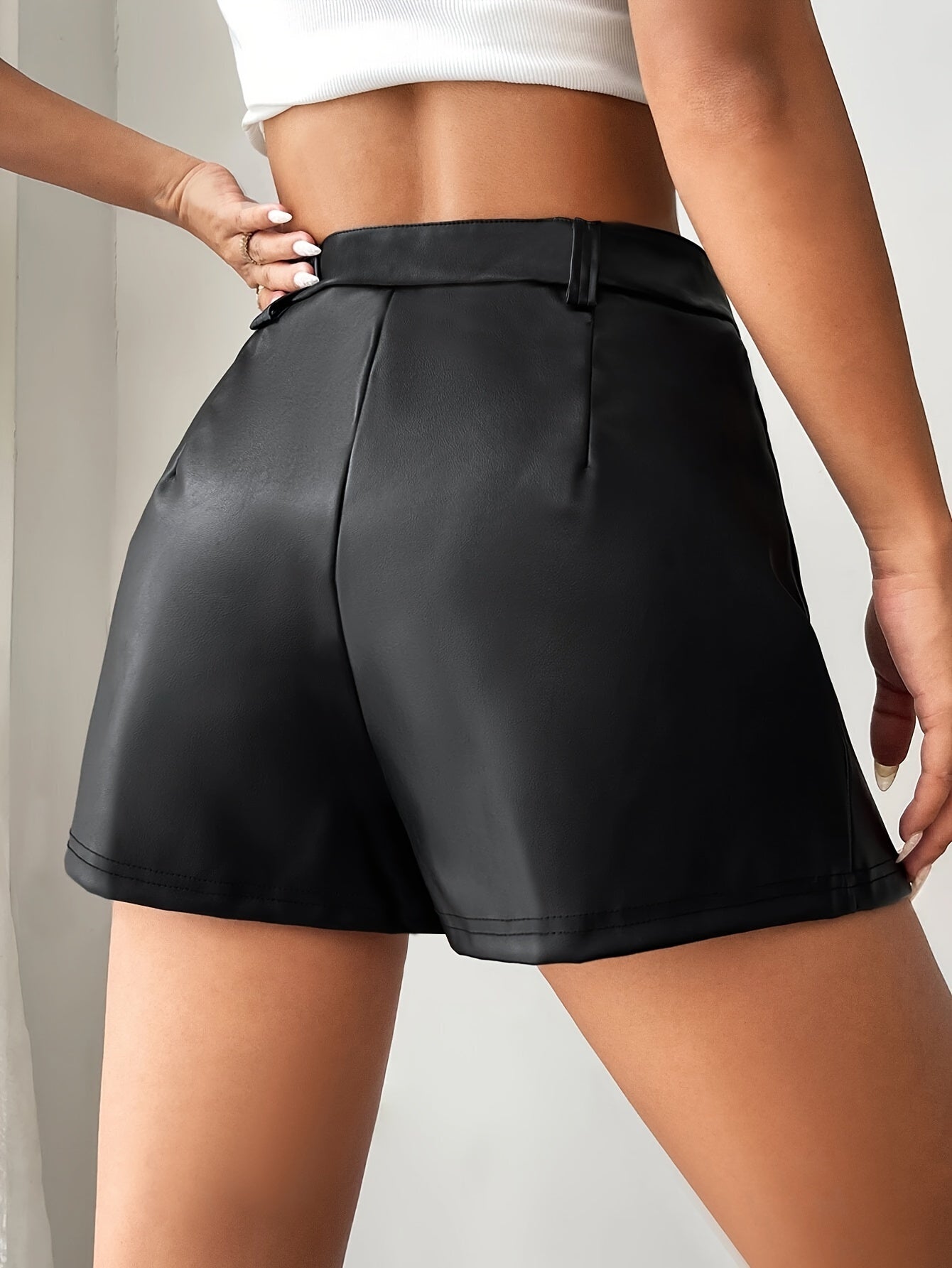 PU Leather Ruched Shorts, Casual High Waist Shorts For Spring & Summer, Women's Clothing