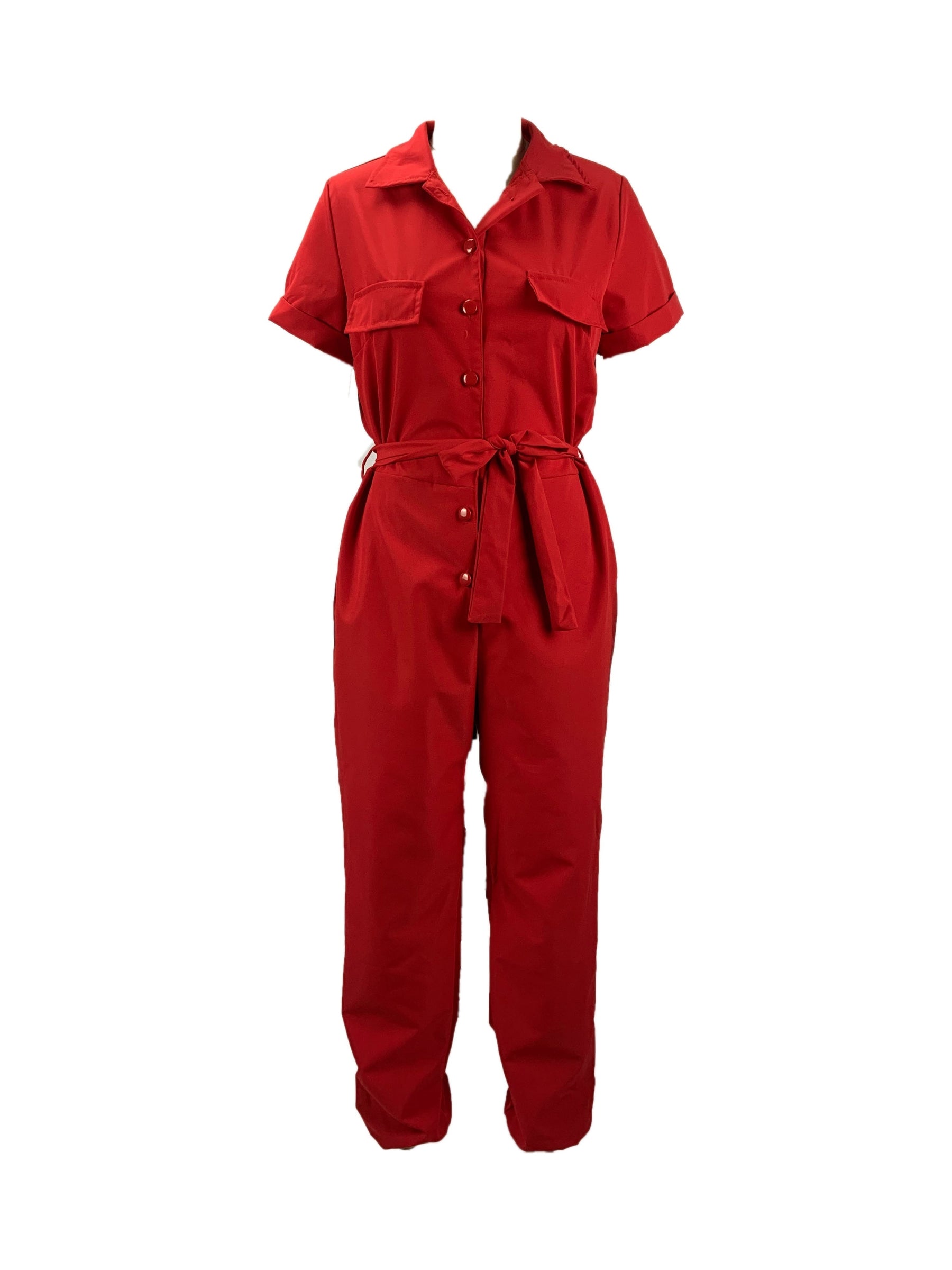 Y2K Solid Lapel Button Down Short Sleeve Tie Waist Cargo Jumpsuit, Casual Long Length Pockets Rompers Overalls, Women's Clothing