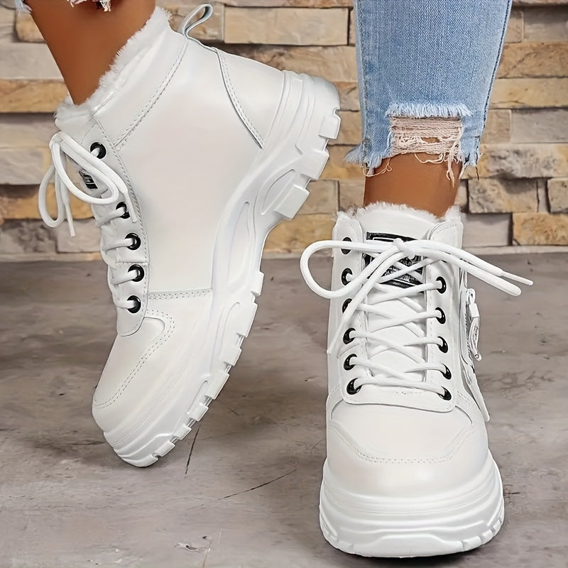 Women's Plush Lined Ankle Boots, Trendy Thermal Platform High Top Snow Boots, Winter Warm Lace Up Short Boots